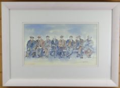 GWYNETH RYDER watercolour - eight gentlemen in overcoats seated together on a bench, entitled