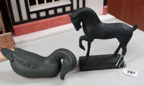 TWO FRANKLIN MINT CAST METAL ANIMALS, HORSE & DUCK