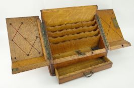 VINTAGE SLOPED STATIONARY BOX in oak with base drawer and compartmented interior, 30.5cms wide
