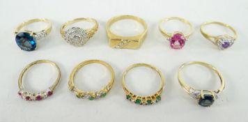 PARCEL OF NINE 9CT YELLOW GOLD DRESS RINGS SET WITH VARIOUS STONES INCLUDING DIAMOND CHIPS, 22.1