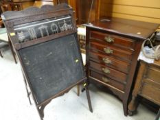MAHOGANY FIVE DRAWER MUSIC CABINET together with a vintage A-frame carved blackboard with