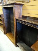 VINTAGE OAK SHORT BOOKCASE WITH DECORATION, 152 x 112cms, together with a similar smaller