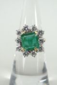 18CT YELLOW GOLD SET DIAMOND & EMERALD CLUSTER RING composed of table cut centre emerald