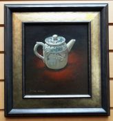 DIANE URWIN oil on canvas laid to board - study of a teapot, signed, 23.5 x 21cms