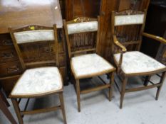 PAIR OF EDWARDIAN INLAID SPINDLE-BACK CHAIRS, together with a matching armchair (3)