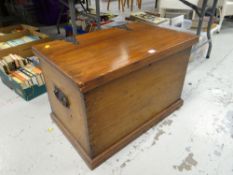 SMALL DARK WOOD LIDDED CHEST WITH CARRY HANDLES