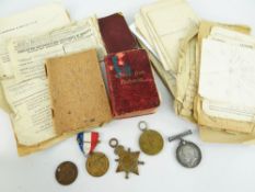WWI MEDAL TRIO engraved to 14683 Pte. C. Hollinshead R.W.Fusiliers together with assorted paperwork,