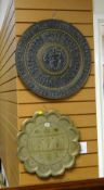 TWO INDIAN / FAR EASTERN BRASS EMBOSSED & DECORATED WALL HANGING CHARGERS