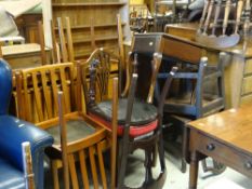 THREE ANTIQUE OAK FARMHOUSE CHAIRS and another, piano stool (5 items total)