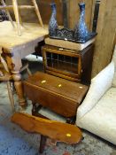 ASSORTED FURNITURE including cabinet, drop leaf oak side table, three legged stool and a cushion