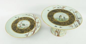 TWO EARLY DOULTON PINDER BOURNE & CO BIRD & SCARECROW DECORATED PIECES one a comport, the other a