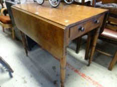 MAHOGANY DROP LEAF PEMBROKE TABLE with single drawer to one end, on turned legs with casters,