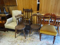 ASSORTED CHAIRS including pair of oak spindle back kitchen chairs, balloon back chair, small