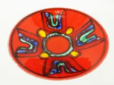 POOLE FLAMBE SHALLOW DISH with abstract design, 27cms diam