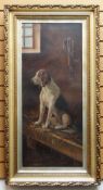 19TH CENTURY BRITISH SCHOOL oil on canvas - study of a seated hound in a barn, unsigned, 93 x 38cms