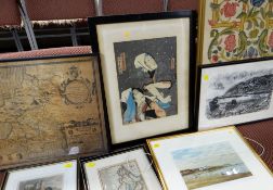 ASSORTED FRAMED PICTURES including antique 'A Map of South Wales, West from London', Japanese