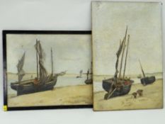 JACOB MARIS (Dutch 1837 - 1899) oils on canvas pair - coastal scenes with beached boats, signed,