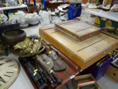 TWO VINTAGE SCHOOL-TYPE PAPER GUILLOTINES BY DRYAD OF LEICESTER together with assorted metalware and