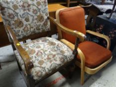 VINTAGE LIGHT BENTWOOD ARM CHAIR, together with an antique oak framed fireside chair with floral