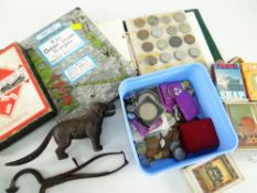 ASSORTED MIXED COLLECTABLES including coinage, antique iron sugar cutters, novelty cast iron dog