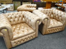 PAIR OF TAUPE COLOURED CHESTERFIELD-TYPE ARMCHAIRS