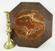 ARTS & CRAFTS-STYLE COPPER PANEL OF TWO BIRDS IN FLIGHT mounted to a wooden panel together with a