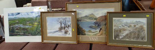 FOUR 20TH CENTURY WELSH SCHOOL WATERCOLOURS including unframed expansive landscape coastal scene