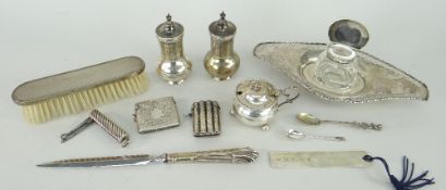 ASSORTED SILVER ITEMS including inkwell with pierced border, silver mustard pot, pair of