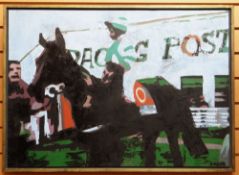CHRIS BRUCE oil on board - depicting jockey on horseback with advertising in background 'Racing