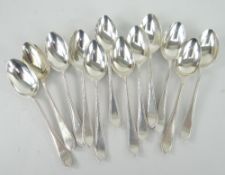 MATCHED SET OF TWELVE VICTORIAN SILVER TEA SPOONS, mixed hallmarks, makers initials for James