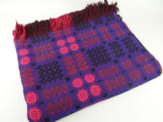 TRADITIONAL WELSH WOOL MILLED BLANKET in black, purple and pink, 234 x 196cms