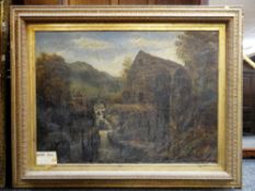 19TH CENTURY ENGLISH SCHOOL oil on canvas - mill scene with bridge, horse and cart, believed