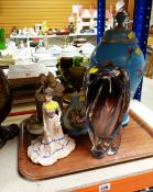 LARGE BLUE GLASS FLORAL DECORATED LIDDED VASE / FIGURINES ETC