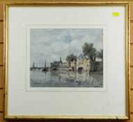 FRANCOIS CARLEBUR II (Dutch 1821 - 1893) watercolour - waterway with boat, buildings and distant