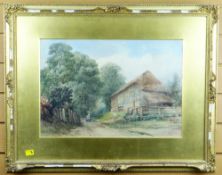 LEWIS JOHN WOOD (1813 - 1901) watercolour - landscape with barn, figure and dog on a track, entitled