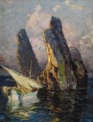 LOUIS BONAMICI (Italian 1878 - 1966) heavy impasto oil on board - fishing boat off Italian coast,