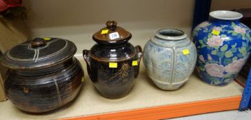 THREE STUDIO POTTERY VESSELS together with a floral decorated vase (proceeds to our nominated