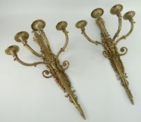PAIR OF GILT METAL FOUR BRANCH WALL SCONCES