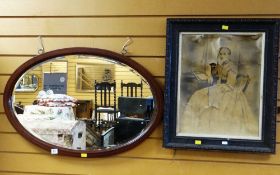OVAL BEVELLED MAHOGANY FRAMED WALL MIRROR together with a framed photograph of a seated Edwardian