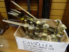 ASSORTED BRASSWARE including stair-rods, candlesticks and shell case