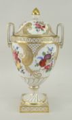 CONTINENTAL PORCELAIN COVERED VASE floral painted and gilded with twin handles