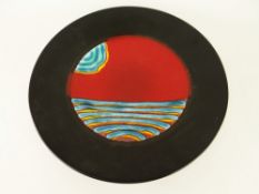 POOLE FLAMBE CHARGER DISH with black border and abstract centre design, 40cms diam.
