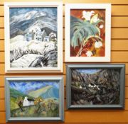 JANET FOSTER four oil on board paintings - landscapes with cottages, various sizes
