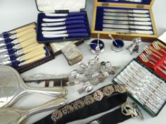 ASSORTED SILVER COLLECTABLES including a mounted miniature prayer book, two salts, pepperettes,