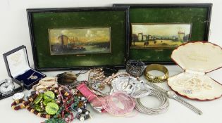 ASSORTED COSTUME JEWELLERY, fashion watches and two decorative celluloid paintings