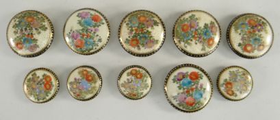 MATCHING JAPANESE SATSUMA EARTHENWARE BUTTONS, six large and four small, painted with