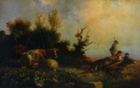 FOLLOWER OF NICOLAES BERGHEM oil on board - two huntsmen and dog peering over a ridge with two