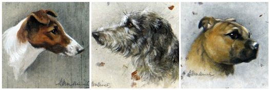 20TH CENTURY BRITISH SCHOOL trio of dog portraits - with titles verso, indistinctly signed, 10 x