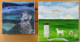 G DAVIES oil on canvas - Pencarnan, signed to label verso, 25 x 25cms, and a companion entitled '