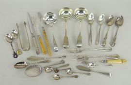 ASSORTED MISCELLANEOUS SPOONS, KNIVES ETC, including three sauce ladles, a pair of sugar nips, a